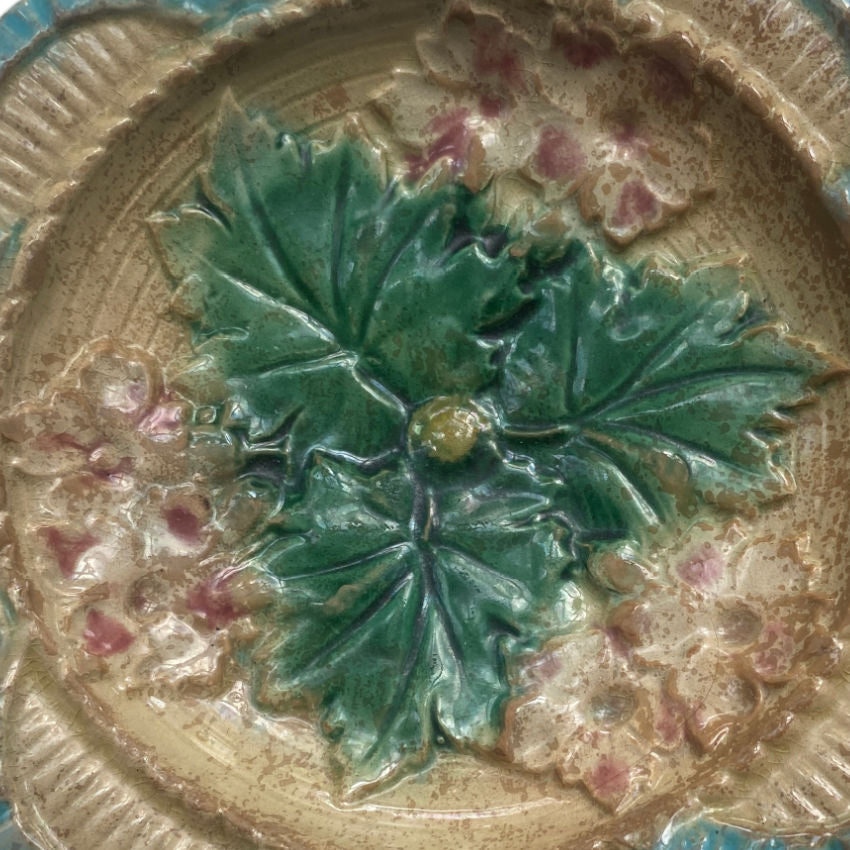 Rare Antique Majolica Leaf and Floral Scalloped Plate