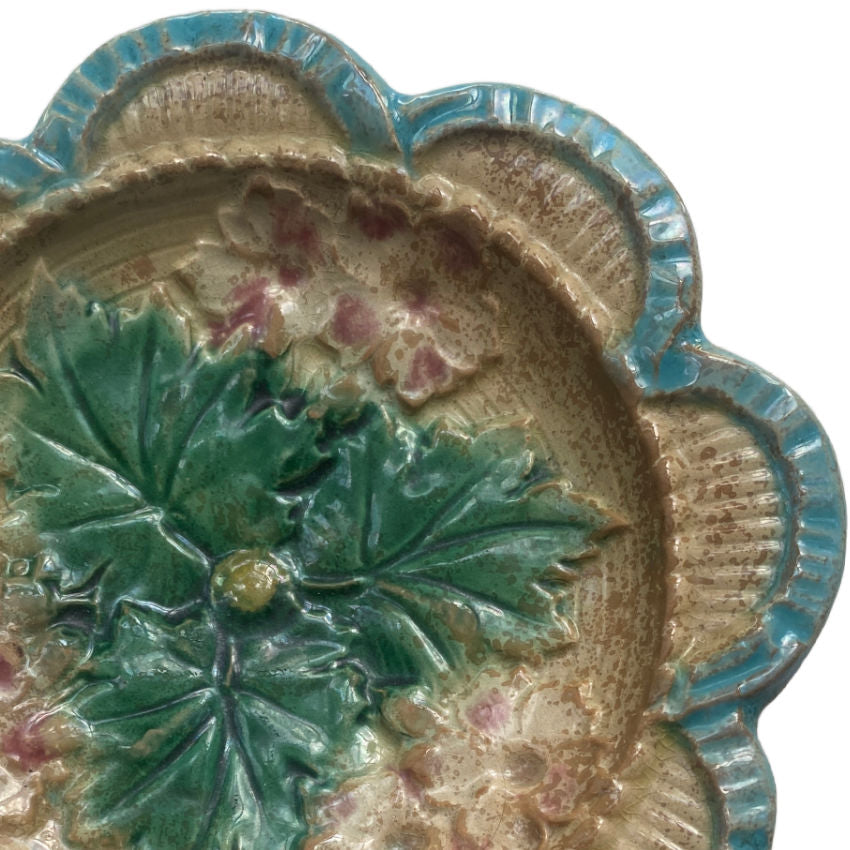 Rare Antique Majolica Leaf and Floral Scalloped Plate