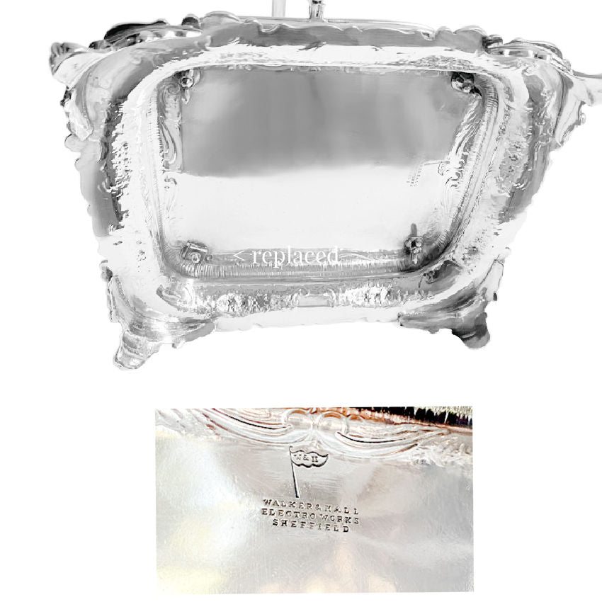 Rare Antique Mappin & Webb Silver-Plated Sardine Server with Cut Crystal Liner & Graceful Scrolled Feet