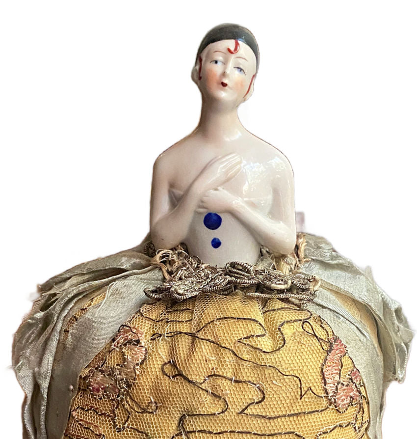 Victorian French half doll with hand painted face and black cap in boudoir style