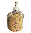 Antique Pierrette half doll pincushion in gold silk embroidered gown with French bullion detail