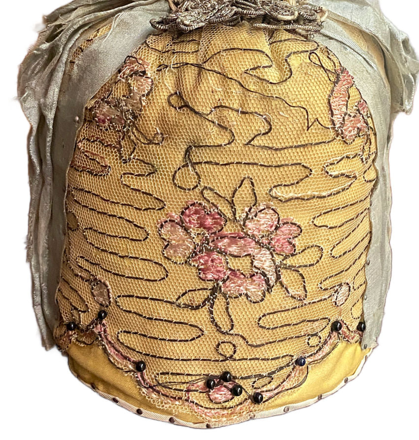 Rare antique pincushion doll with French blue bustle and pink rose netting skirt