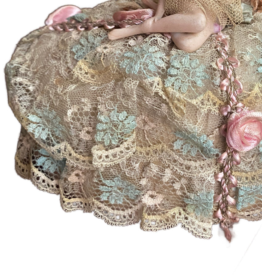 German bisque half doll pincushion soft blue lace vintage dressing table decor lace close view
