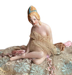 early 20th century bathing beauty doll lace pincushion romantic boudoir display close up