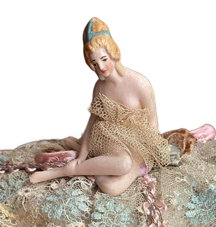 early 20th century bathing beauty doll lace pincushion romantic boudoir display close up