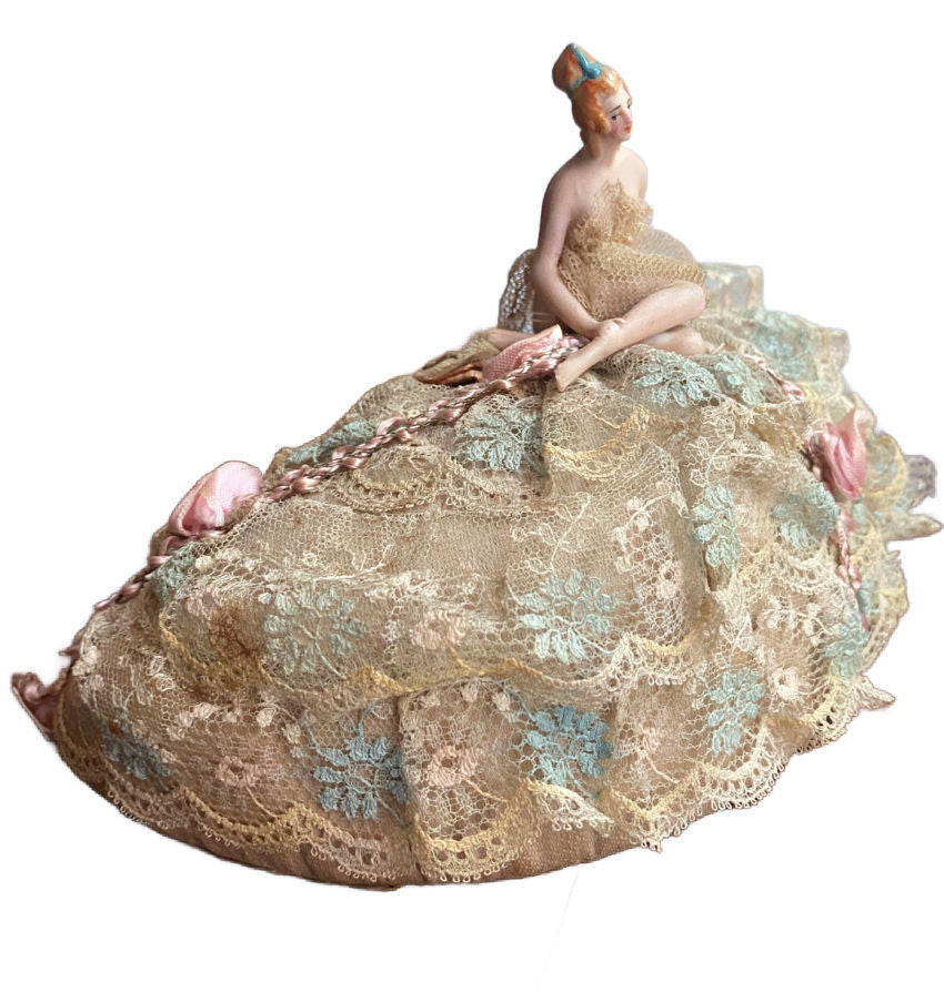 vintage German bisque bathing beauty doll pincushion feminine vanity accessory nude doll with skimpy net clothing