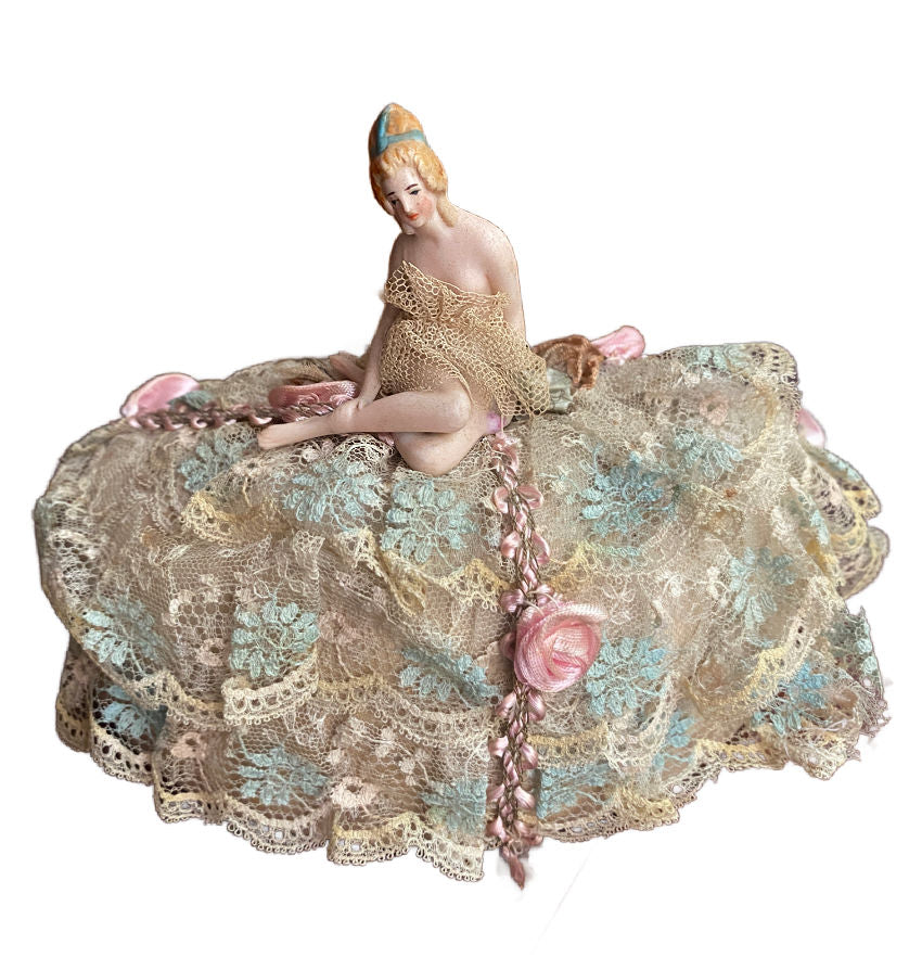 antique German bisque bathing beauty half doll pincushion French lace vanity decor