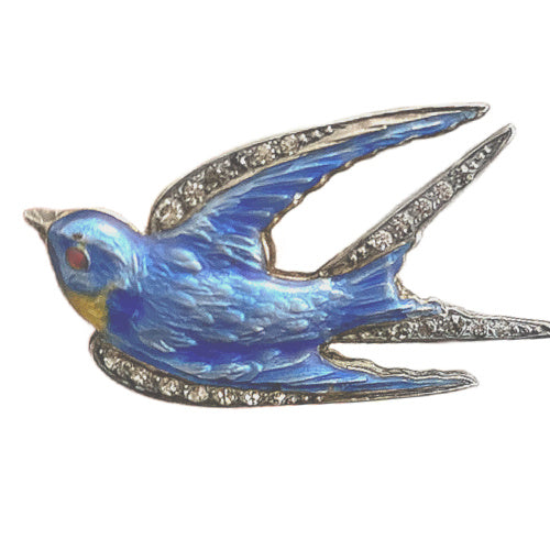 Rare Paye & Baker sterling silver swallow brooch with guilloché enamel and paste stones, c.1901–1910, a prized early Art Deco jewel.