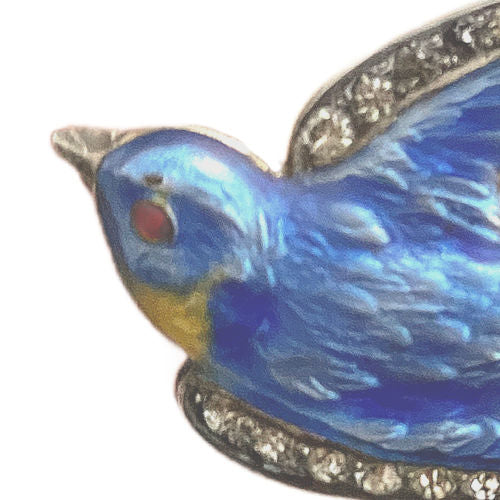 Rare Paye &amp; Baker sterling silver swallow brooch with guilloché enamel and paste stones, c.1901–1910, a prized early Art Deco jewel.