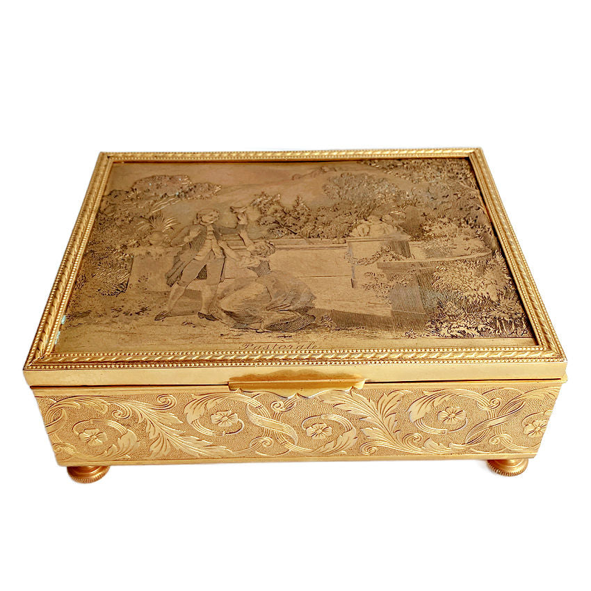 Rare Antique French Engraved Jewelry Box Signed Pastorale Courting Couple Scene Made in France