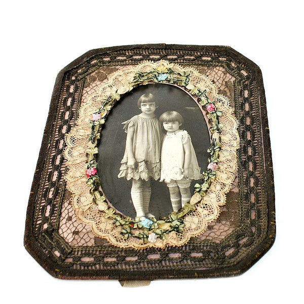 アンティーク雑貨 Old French glass ribbon frame. Antique French Ribbonwork Gold Lame Lace Photo Frame with Glass