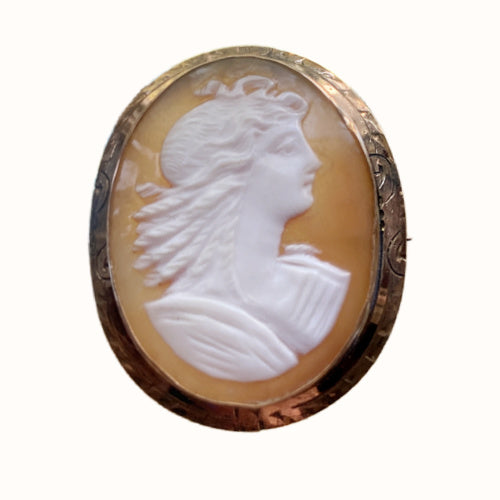 Hand carved shell cameo brooch with classical female portrait, antique style jewelry in unmarked gold setting, refined collectible estate piece.