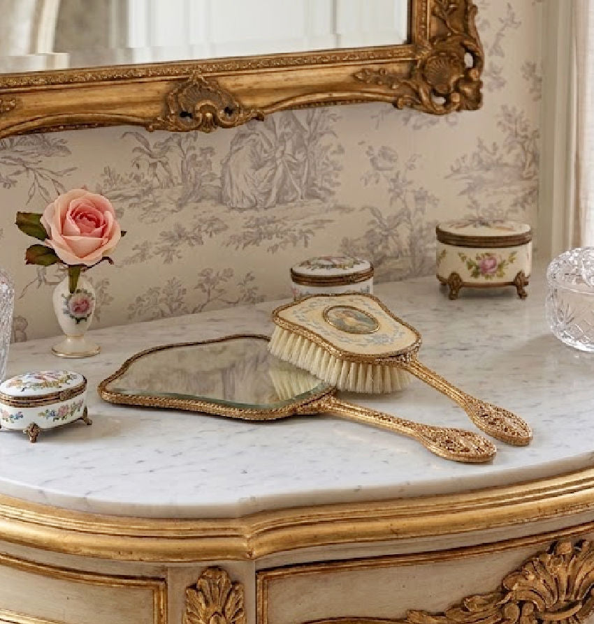 Romantic Hand-Painted Gilt Filigree Vanity Mirror and Brush Set With Courting Scenes