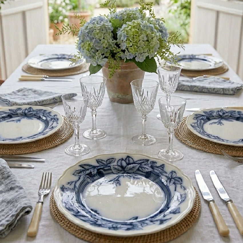antique Staffordshire Flow Blue dinner plates displayed in French country dining room on an elegant table with hydrangeas and open french doors