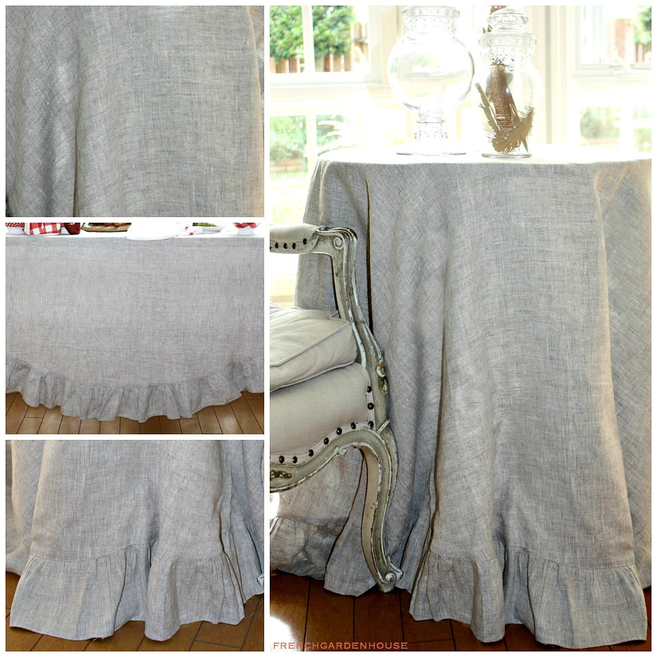 French COuntry Linen natural round ruffled tablecloth