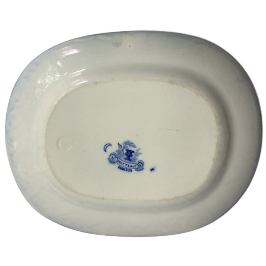 Early 1900s English flow blue platter, pastoral scene inspired by Jean-Antoine Watteau, collectible antique with mark on back.