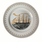 Close-up clipper ship engraving-style maritime scene on porcelain plate