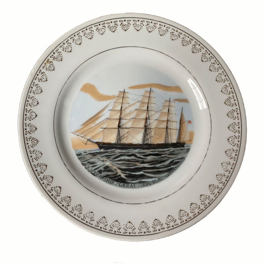 Close-up clipper ship engraving-style maritime scene on porcelain plate