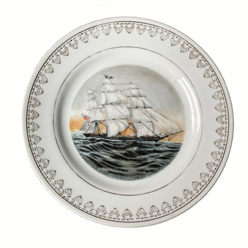 Close-up clipper ship engraving-style maritime scene on porcelain plate sweepstakes winner
