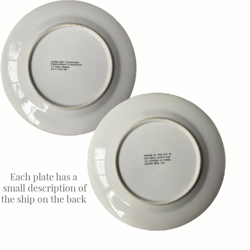 Maritime plates with sailing ship scenes description on back.