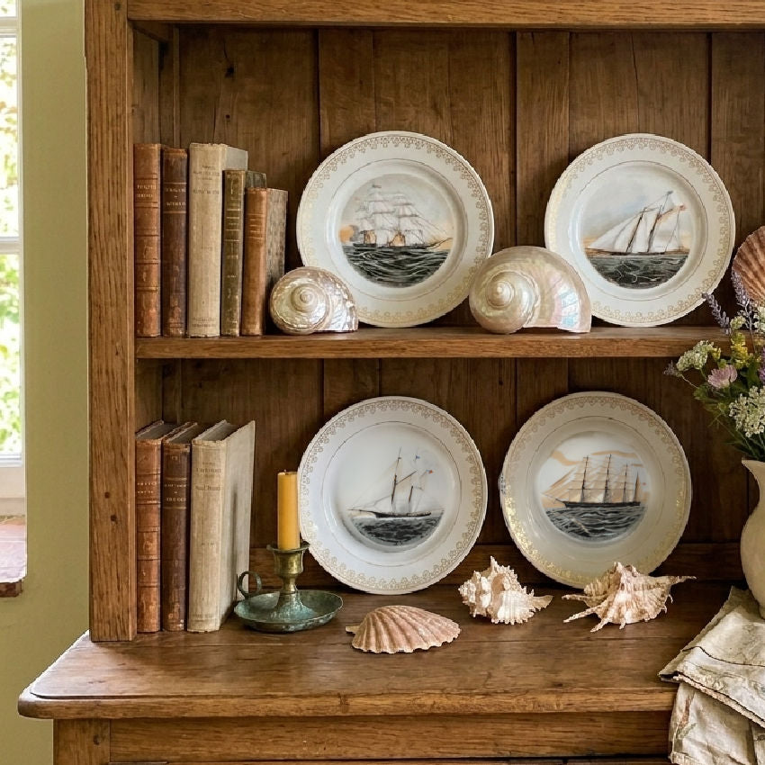 Set of nautical display plates arranged on wall as collected coastal grouping