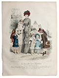 hand colored French Fashion Lithograph of children's dresses and hats
