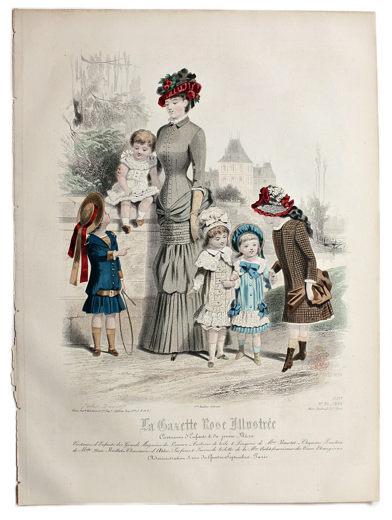 hand colored French Fashion Lithograph of children's dresses and hats