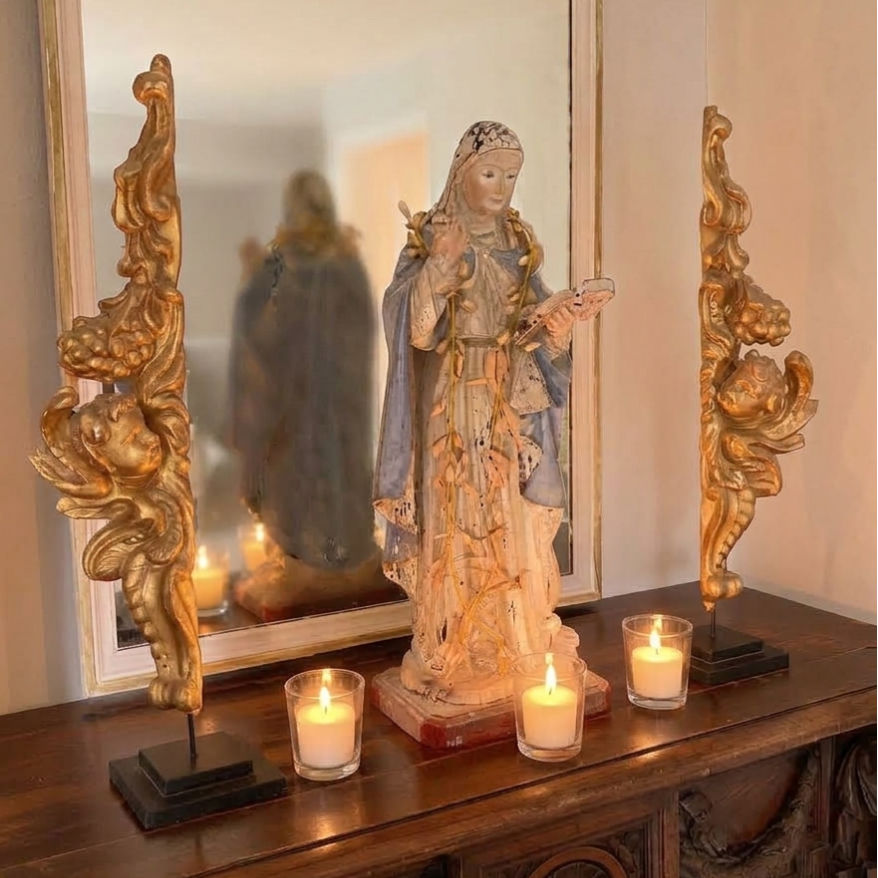 19th Century French Colonial Saint Teresa of Ávila Statue, 22" Polychrome with Wax Flower Garland