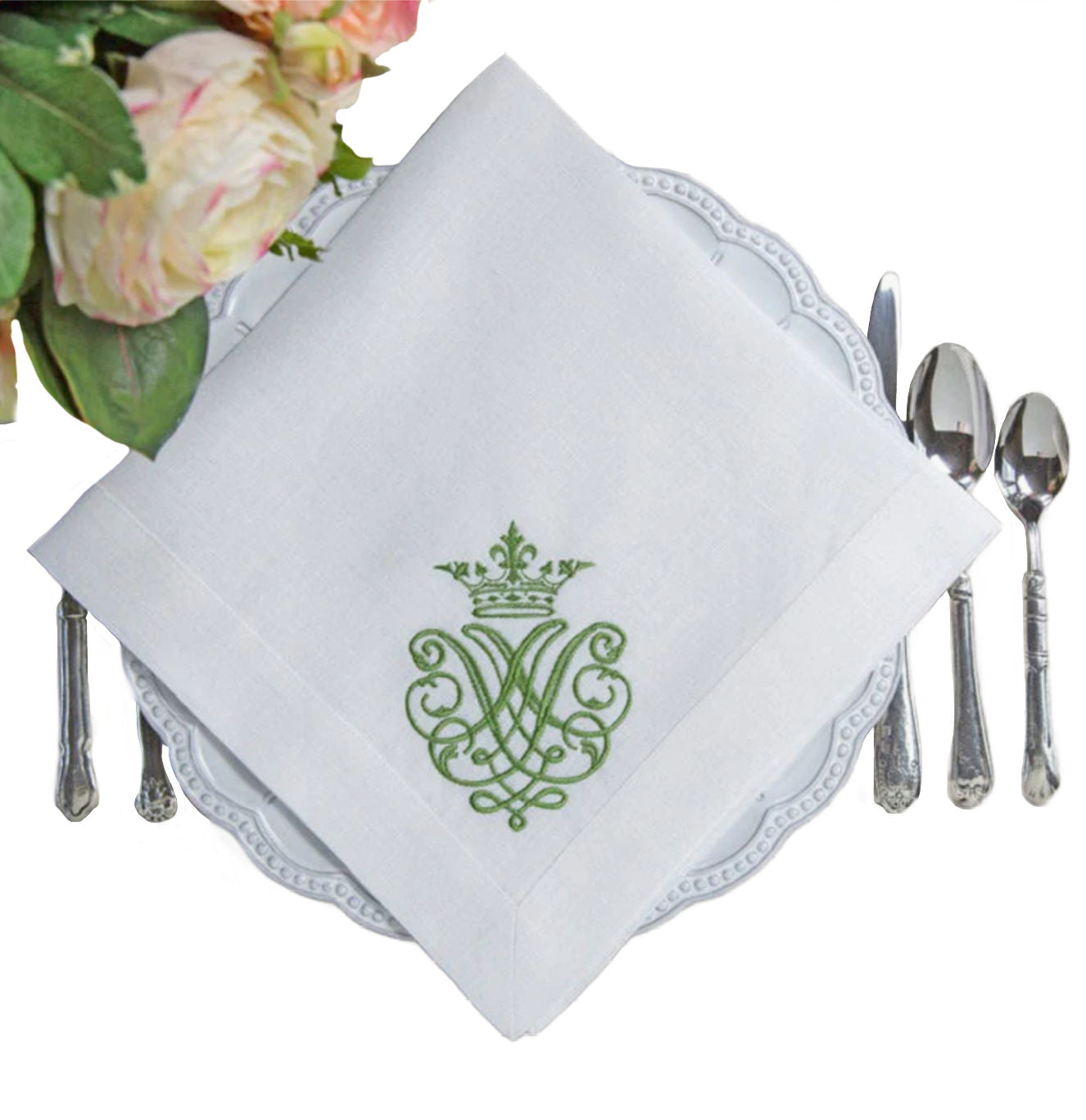 Set of 4 Luxury European Linen White Napkins Green Embroidered Royal Crest