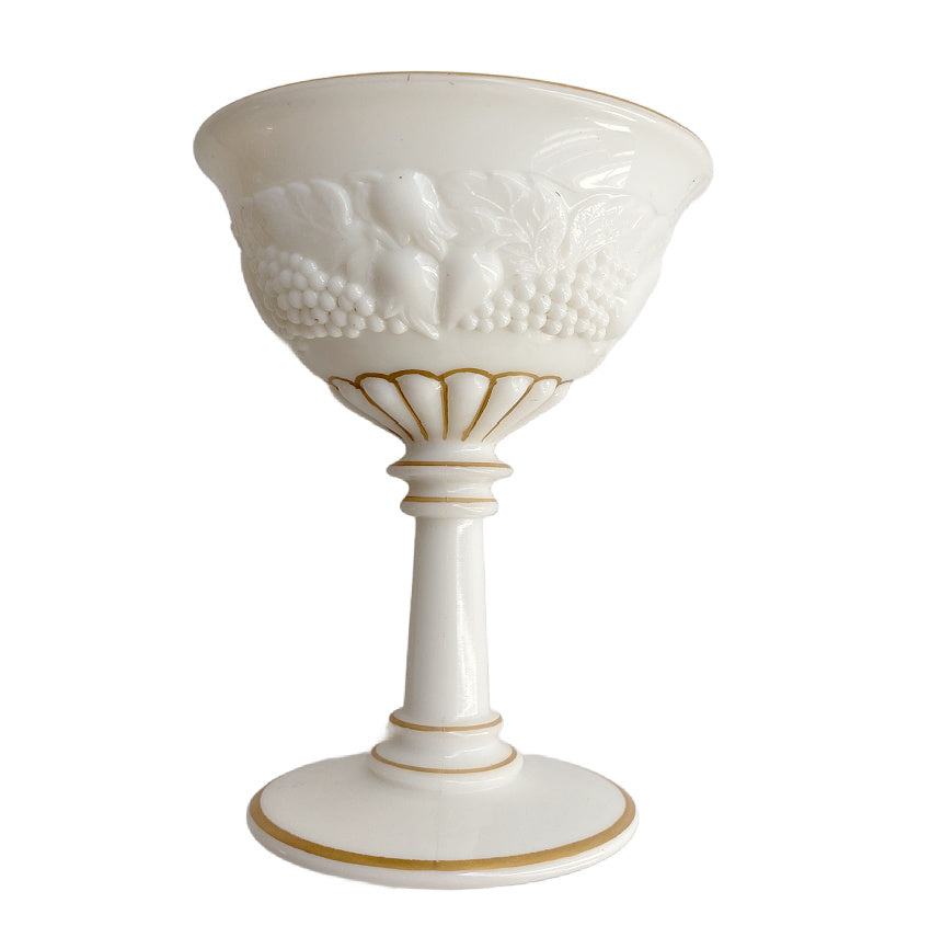 Westmoreland, Della Robbia, milk glass, gold trim, sherbet glasses, vintage glassware, American glass, collectible glass, dessert cups, 1950s glass, white glass, neoclassical style, table decor, elegant entertaining, antique shop, mid-century glass, hostess gift, dining collectibles, milk glass goblets