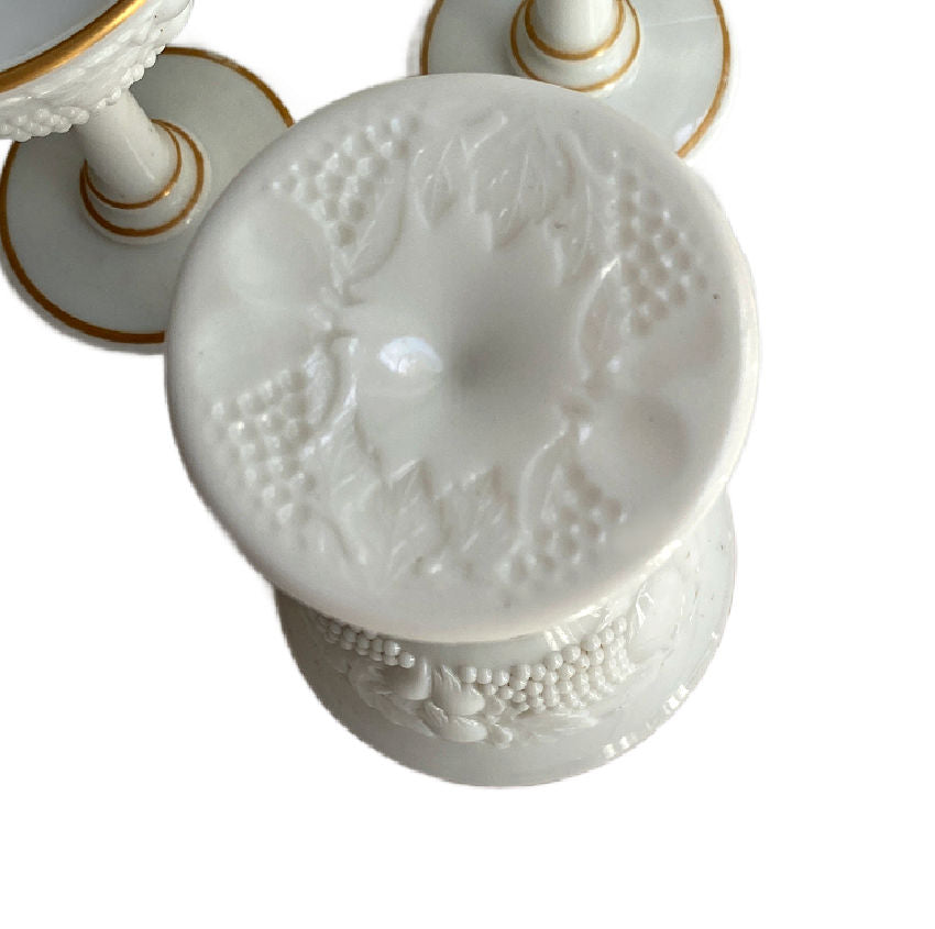 Set of 9 1940's Milk Glass Dessert Coupes with Gold Trim