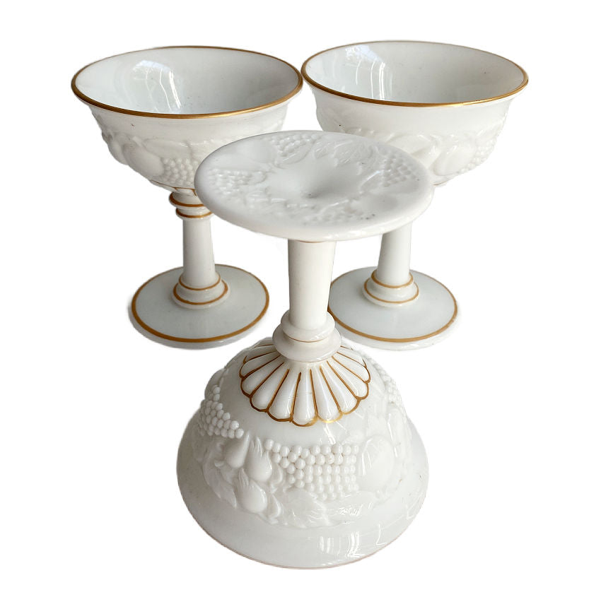 Westmoreland, Della Robbia, milk glass, gold trim, sherbet glasses, vintage glassware, American glass, collectible glass, dessert cups, 1950s glass, white glass, neoclassical style, table decor, elegant entertaining, antique shop, mid-century glass, hostess gift, dining collectibles, milk glass goblets