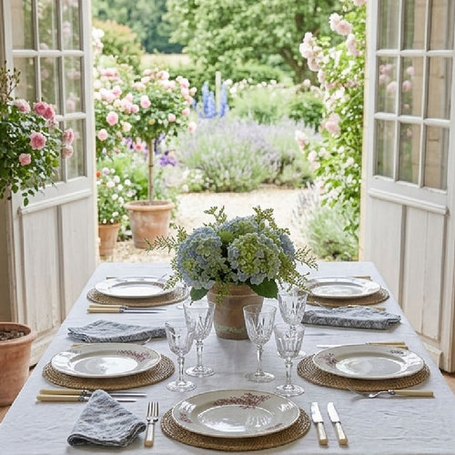 ntique European porcelain dinner plates styled for a collected French-inspired table with hydrangeas in a dinning room with French doors open to the garden