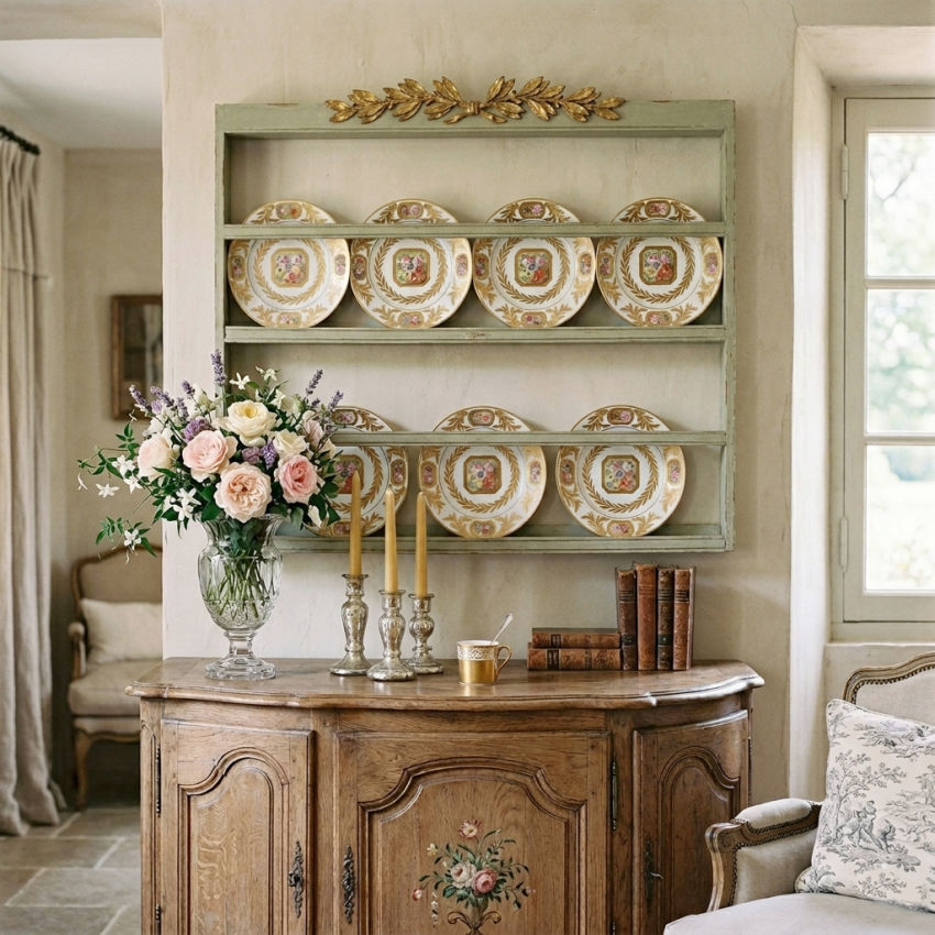Porcelaine de Paris gilt edged floral plates arranged as decorative wall set in French wall rack and living room with roses