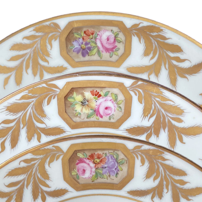 Hand painted French porcelain plates with garden floral with roses and purple flowers on the  rim decorations