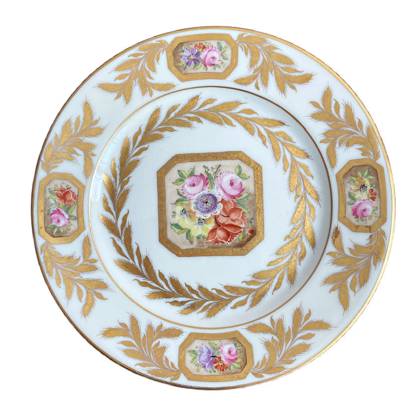 Porcelaine de Paris floral porcelain plate with rose and garden flower cartouches on rim