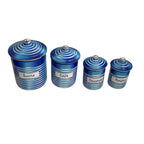 Set of four antique French Enameled blue striped canisters with white labels on a white background