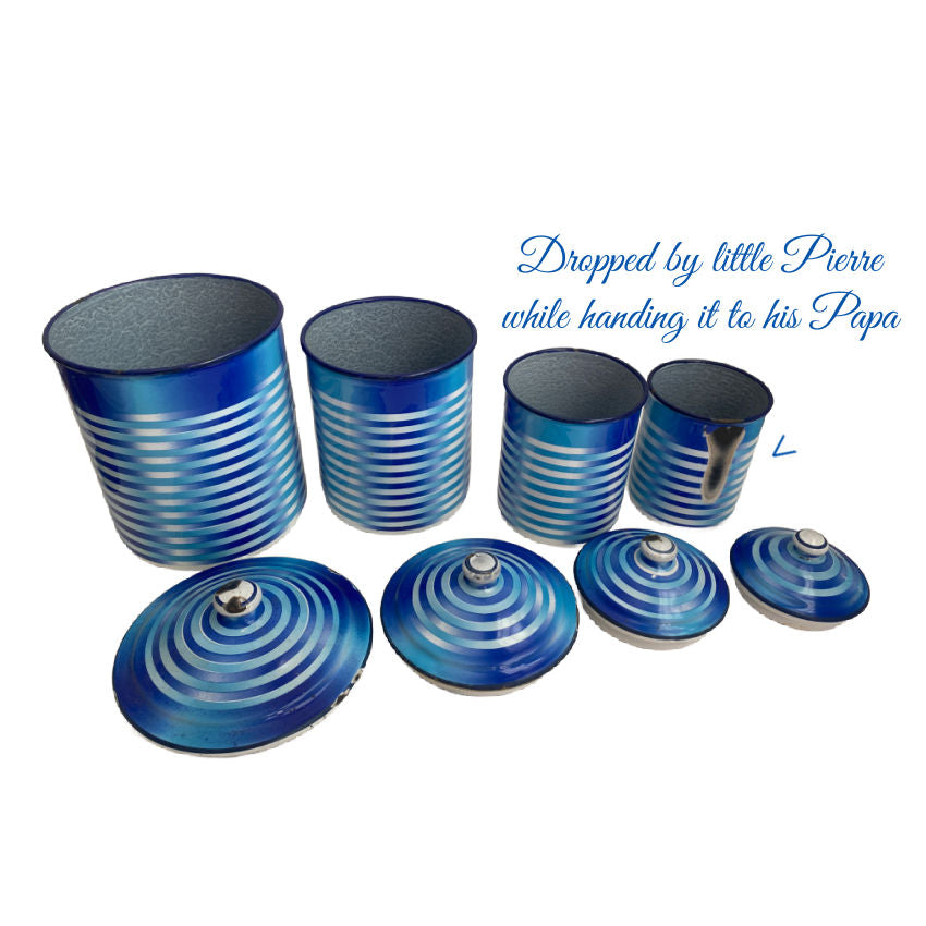 Set of Four 1920's French Antique Blue and White Striped Enameled Canisters