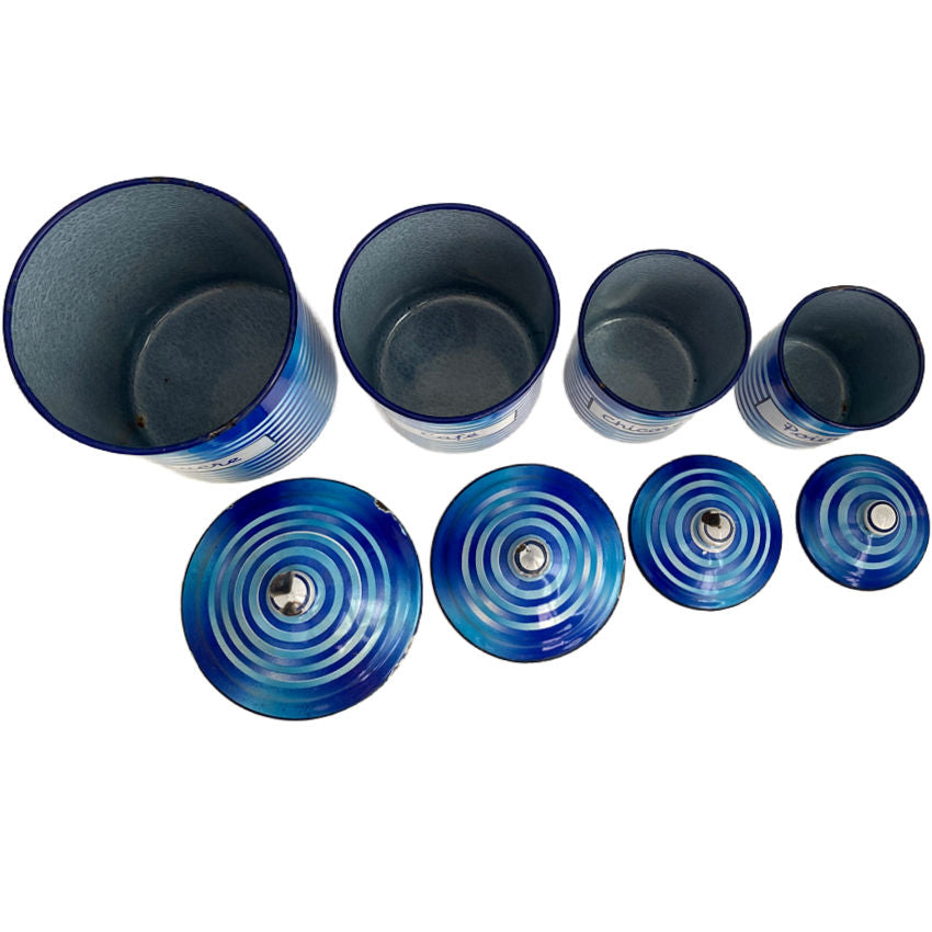 Set of Four 1920's French Antique Blue and White Striped Enameled Canisters