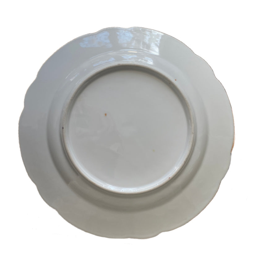 Set of Six Antique Continental Floral Porcelain Dinner Plates with Scalloped Gilt Rims