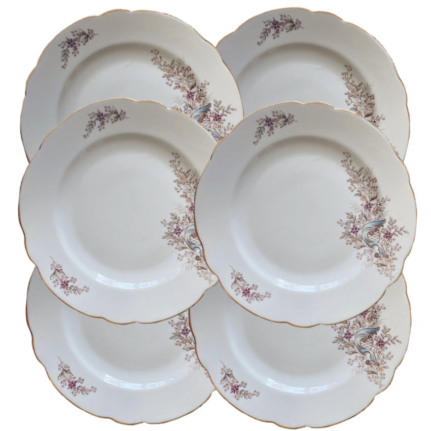 Set of Six Antique Continental Floral Porcelain Dinner Plates with Scalloped Gilt Rims
