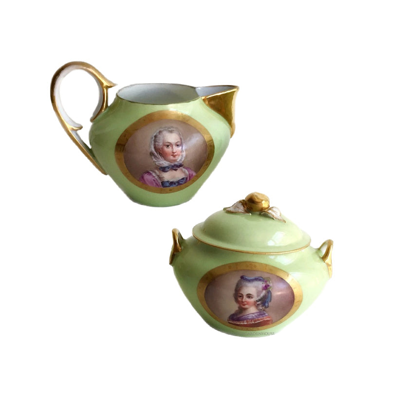 Antique French Vieux Paris porcelain sugar bowl and creamer set in rare apple green, Sèvres, hand-painted with delicate portraits and gilt accents. A charming collectible from a European château estate, ideal for antique French porcelain lovers and table decoration.