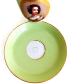 Antique French Sevres Vieux Paris porcelain saucer in rare apple green, hand-painted with  gilt accents. A charming collectible from a European estate, perfect for antique French porcelain enthusiasts.