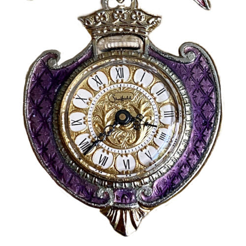 Edwardian Sheffield pin watch with lavender guilloché enamel, bow and crown design, a rare and beautifully decorative jewel.