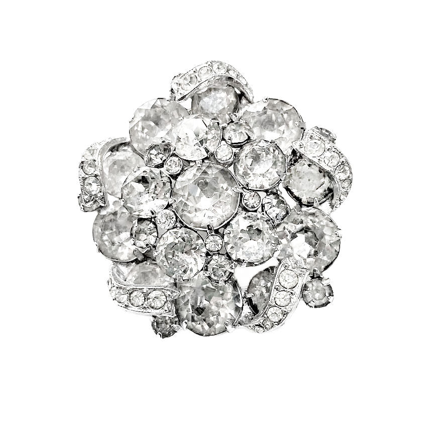 Signed 1940s Eisenberg pavé icing ribbon brooch with brilliant rhinestones in rhodium plating. Iconic vintage statement jewelry, highly collectible design.