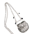 Silver purse pendant necklace with onyx and black crystal accents, 19th-century inspired, hidden compartment, antique-style collectible jewelry.