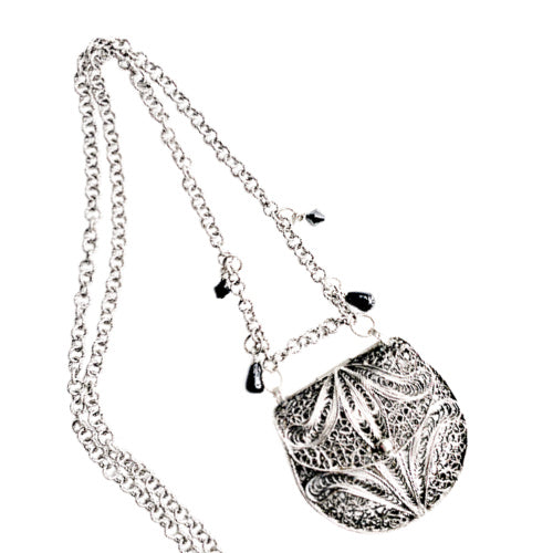 Silver purse pendant necklace with onyx and black crystal accents, 19th-century inspired, hidden compartment, antique-style collectible jewelry.