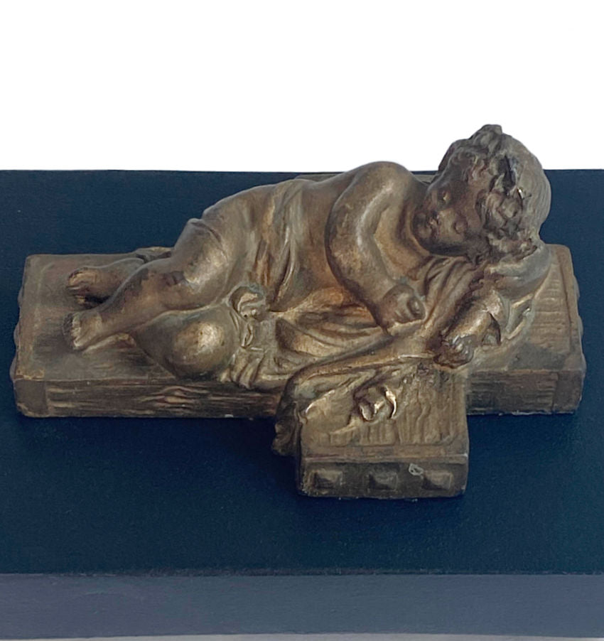 antique cherub sculpture, beaux arts bronzed, gilt bronzed figurine, sleeping cherub, soft patina sculpture, french decor, classical sculpture, european antique, putti statue, antique figurine, romantic home decor