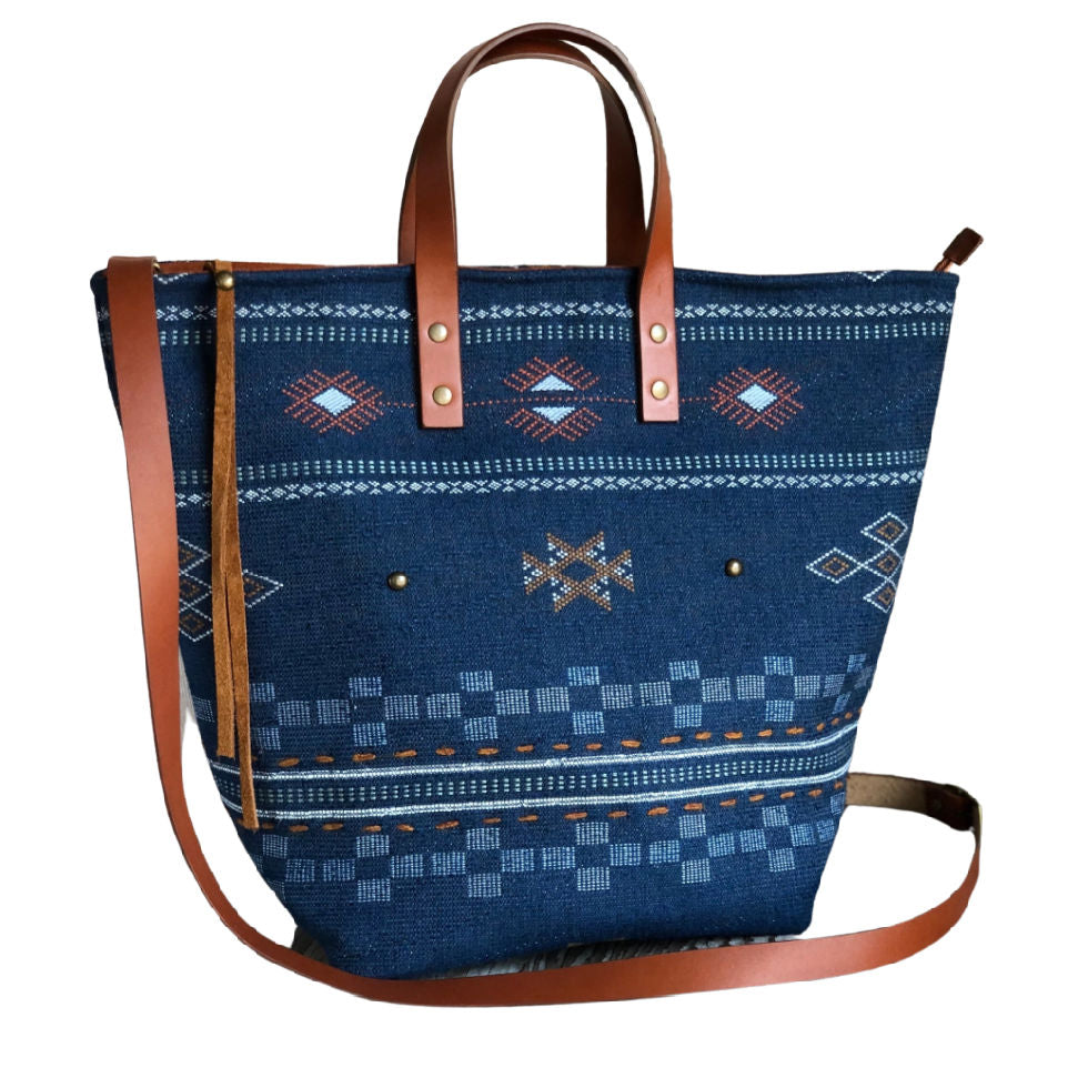 southwestern print blue bag leather straps 