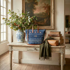 Southern blue jacquard designer bag on antique French country entrance table